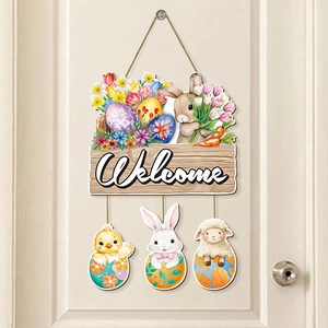 Wooden Easter Welcome Door Hanging Sign Rabbit Eggs Floral Wall Decoration For Home Front Porch Rustic Pastoral Style