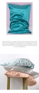Detail of premium 22 momme mulberry silk pillowcases in blue, grey and champagne pink tones