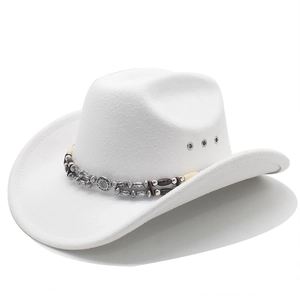 White wool felt western cowboy hat with breathable eyelets and bohemian beaded band