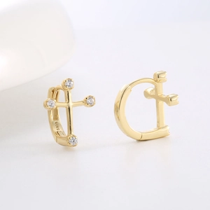 Elegant S925 sterling silver D-shaped hoop earrings with gold plating and zircon cross
