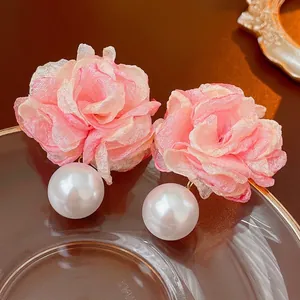 Elegant pink fabric flower and pearl earrings for women with romantic fashion style
