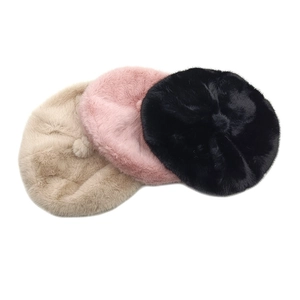 Winter faux fur beret hats for women in beige, pink, and black colors with fluffy pompom