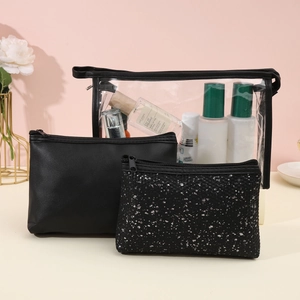Three-piece waterproof cosmetic bag set including transparent PVC and black glitter pouches