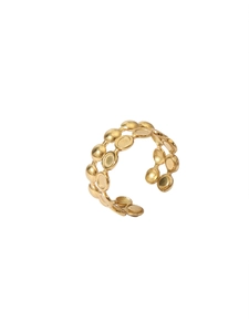 Detail of a double-layered gold disc ring featuring a polished 18k finish and adjustable band