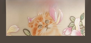 Macro detail of Ru kiln ceramic cup with crackled texture and hand-painted orange cat