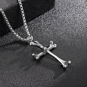 Silver bone-shaped cross pendant necklace with box chain for men's fashion
