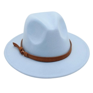 Close-up of light blue felt fedora hat featuring a brown leather band and metallic buckle