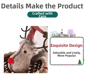 Detail of a woven Christmas candy basket featuring a plush reindeer with a bell hat