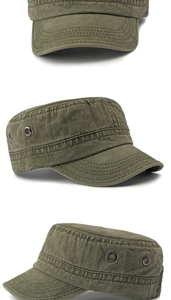 Detalle de los ojales metálicos y textura de lona lavada en una gorra militar vintage plana
