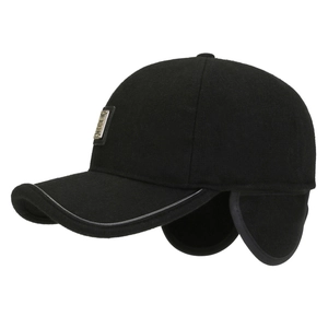 Men's winter baseball cap with ear flaps in black wool-like fabric for outdoor warmth
