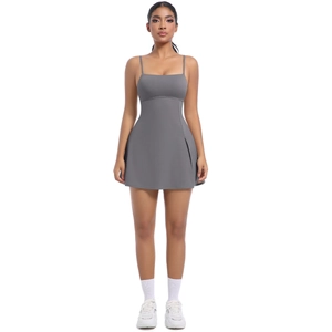 Front view of grey athletic dress featuring side pleats and thin shoulder straps