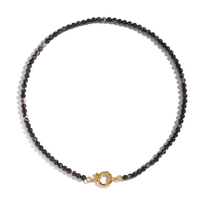 Detailed view of natural black agate beaded necklace with gold-plated lobster clasp closure