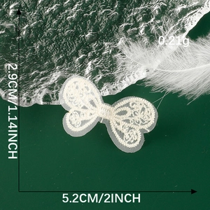 Macro shot of white lace bow patch showing 2.9cm x 5.2cm dimensions on green background