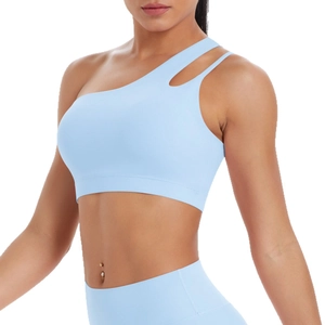 Sky blue asymmetric one shoulder sports bra with hollow cutout and matching yoga leggings