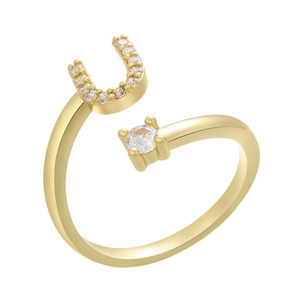 Macro shot of 18K gold-plated adjustable ring with micro-pave zirconia and U-shaped detail
