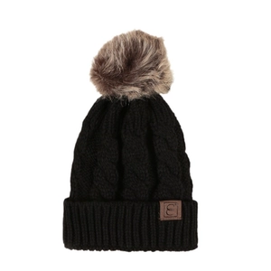 Winter black cable knit beanie for women with pom-pom and leather patch detail