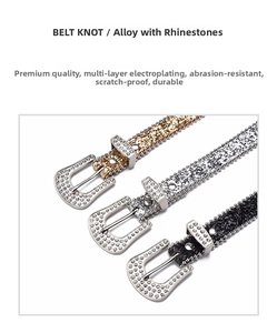 Close-up of Y2K style rhinestone alloy buckles on gold, silver, and black belts