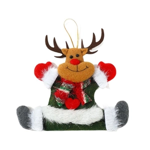 Plush Christmas reindeer tree ornament with green shirt, red heart, and striped scarf