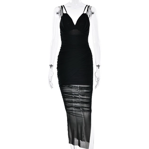 Sleeveless deep V-neck ruched black bodycon mesh dress with side slit for women