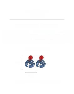 Detail view of large vintage hollow flower drop earrings in blue and red resin