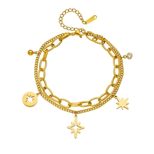 Double-layer gold stainless steel chain bracelet with star charms and rhinestones