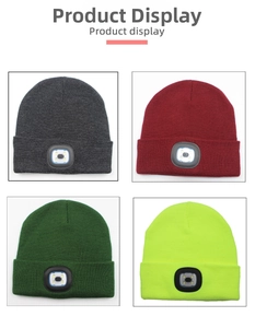 Detail view of four colored knit beanies with integrated LED headlamp for outdoor use