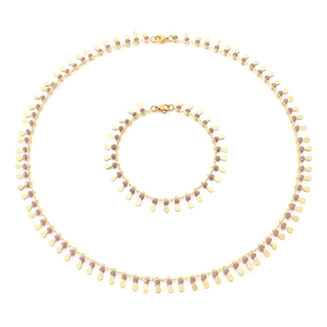 Bohemian gold chain necklace and bracelet set with pink beads and drop pendants