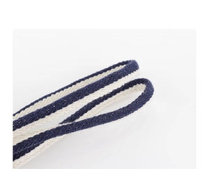 Close-up of blue and white striped canvas bag strap with durable twill weave texture