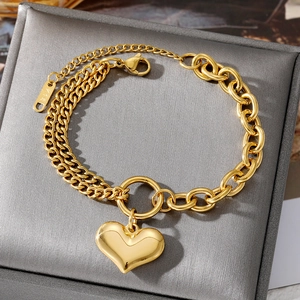 Golden Stainless Steel Bracelet Heart Pendant Double Layer Chain Jewelry For Women Asymmetrical Link Trendy Accessory