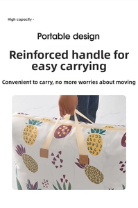 Detail of reinforced handles and portable design on a pineapple pattern storage bag