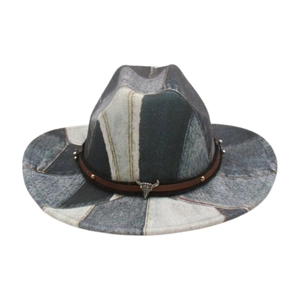 Western cowboy hat with vintage patchwork denim print and a silver bull skull metal emblem
