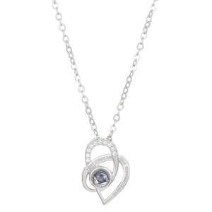 Silver heart necklace with 100 languages I Love You projection stone and crystal stones