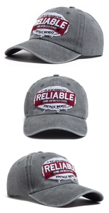 Detail of grey washed cotton baseball cap with vintage Reliable indigo embroidery patch
