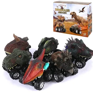 Set of 6 realistic hand-painted dinosaur pull-back toy cars with off-road tires