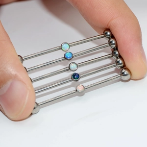 Set of G23 titanium industrial piercing bars with colorful round synthetic opal inlays