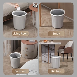 Minimalist large grey trash can with vertical stripes in living room and kitchen settings
