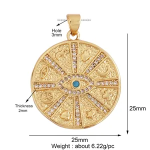 Detailed size specifications of gold Evil Eye lucky charm with diameter and weight info