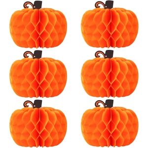 Set of 6 orange honeycomb paper pumpkin decorations for Thanksgiving party table and hanging