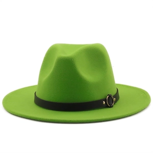 Detail of neon green wool fedora hat featuring black leather band and gold metal ring