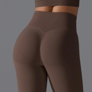 Close-up of seamless high waist yoga leggings with scrunch butt detail and ribbed waistband