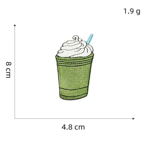 Detail view of matcha latte embroidery patch showing 8cm height and 4.8cm width specs