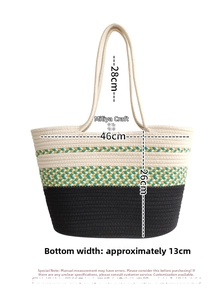 Detailed size chart for the three-tone woven cotton rope tote bag with strap dimensions