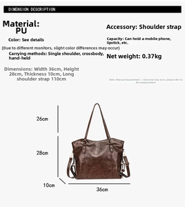 Size guide for PU leather tote bag with dimensions 36x28x10cm and long strap detail