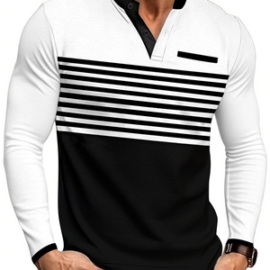 Men's slim fit V-neck long sleeve T-shirt with black and white contrast stripes