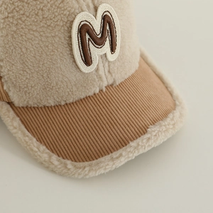 Kids warm lamb wool baseball cap with M embroidery and corduroy brim in beige and brown