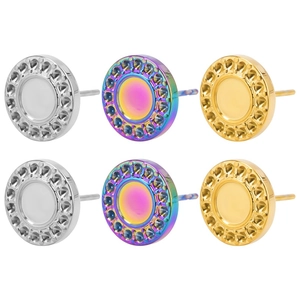 Three pairs of round 304 stainless steel stud earrings in silver, gold, and rainbow finish