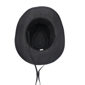 Detailed inner view of black cowboy hat showing woven texture and adjustable chin strap