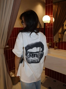 T-Shirt Women Cotton Loose Drop Shoulder Back Lips Teeth Graphic Print Casual Round Neck Streetwear Summer Top