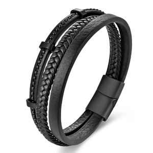 Men's double-layer black braided leather bracelet with high-quality metal clasp