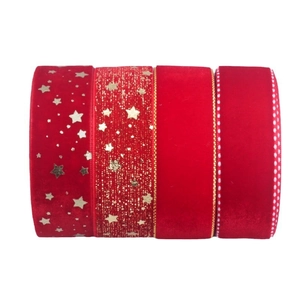 Set of four red velvet ribbons with gold stars and glitter for Christmas DIY gift wrapping